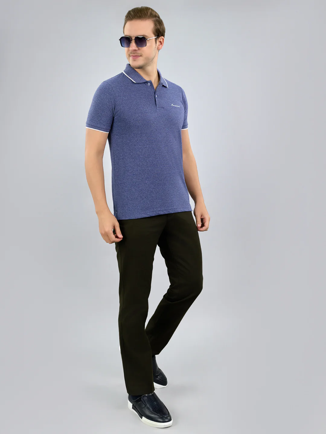 Men Blue Solid Polo Collar Half Sleeve T-Shirt - Image 6