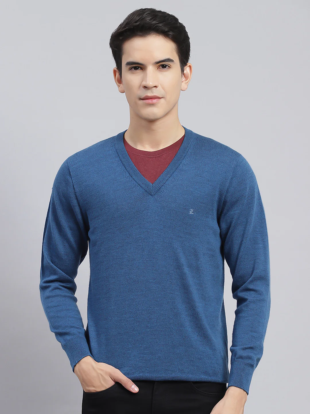 Men Blue Solid Pure wool Pullover - Image 2