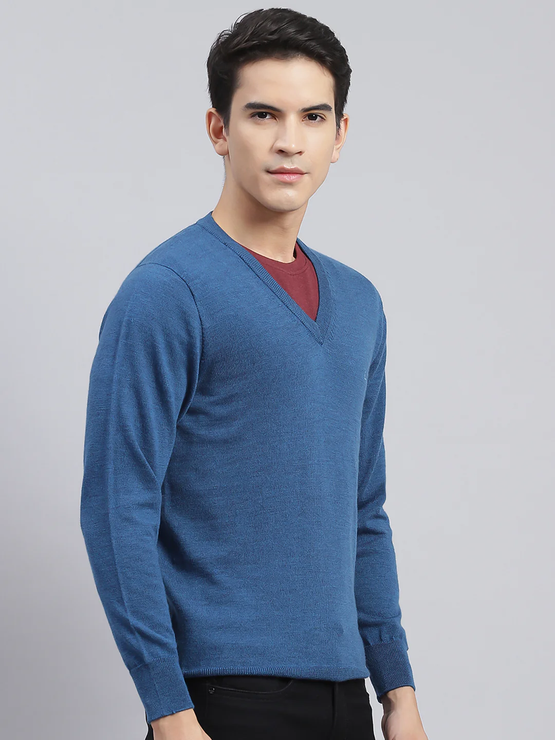Men Blue Solid Pure wool Pullover - Image 3