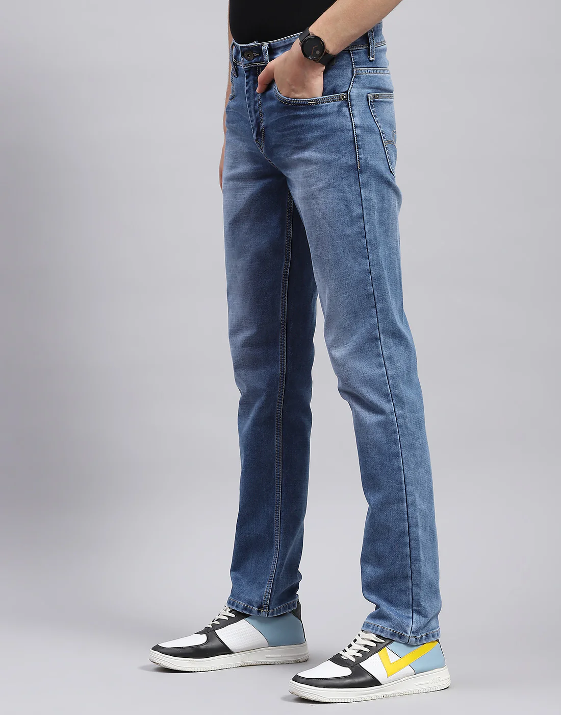 Men Blue Solid Regular Fit Denim - Image 3