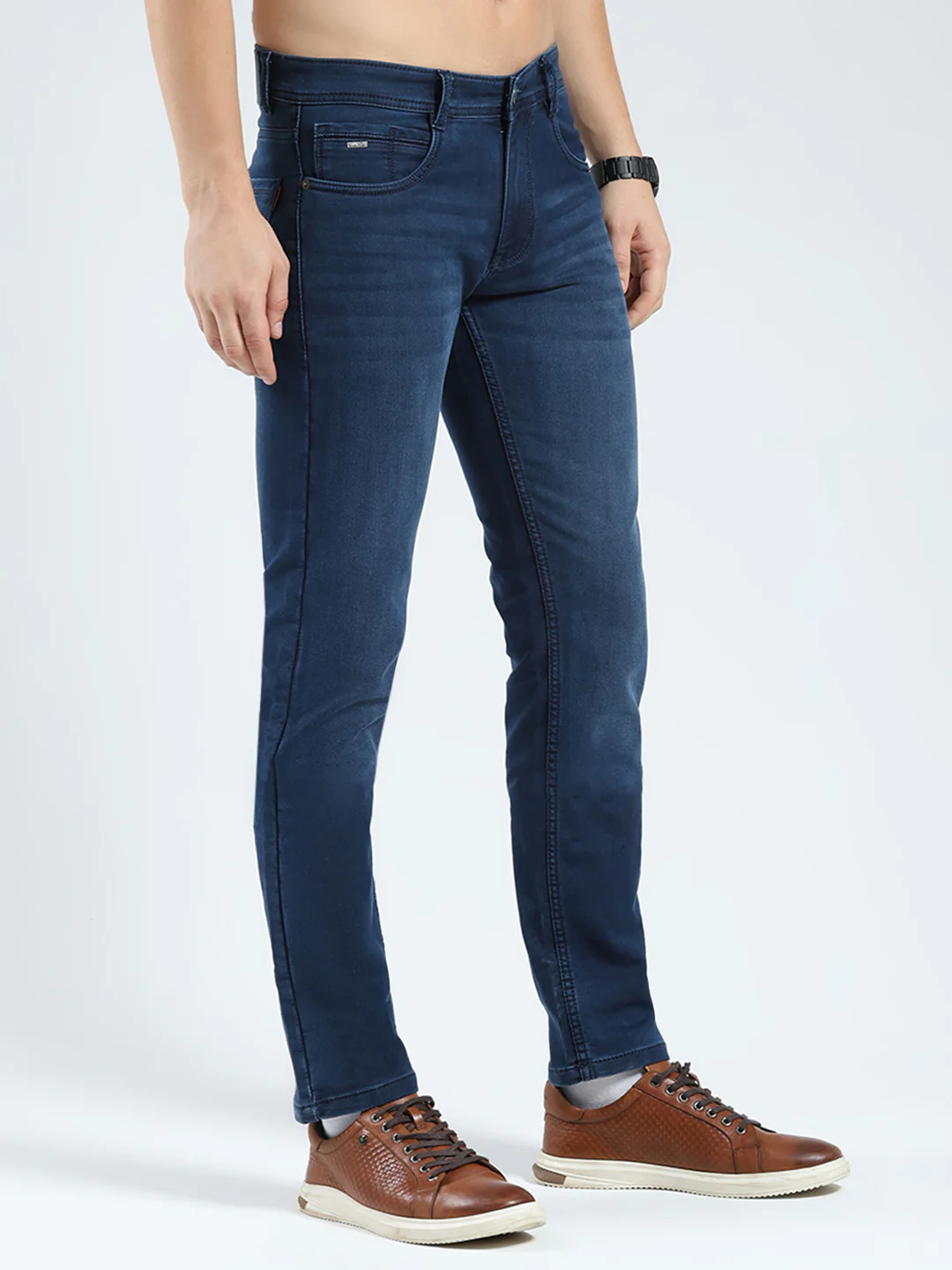 Men Blue Solid Narrow Fit Denim - Image 4