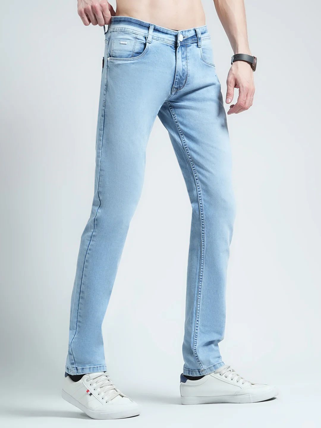 Men Blue Solid Narrow Fit Denim - Image 4