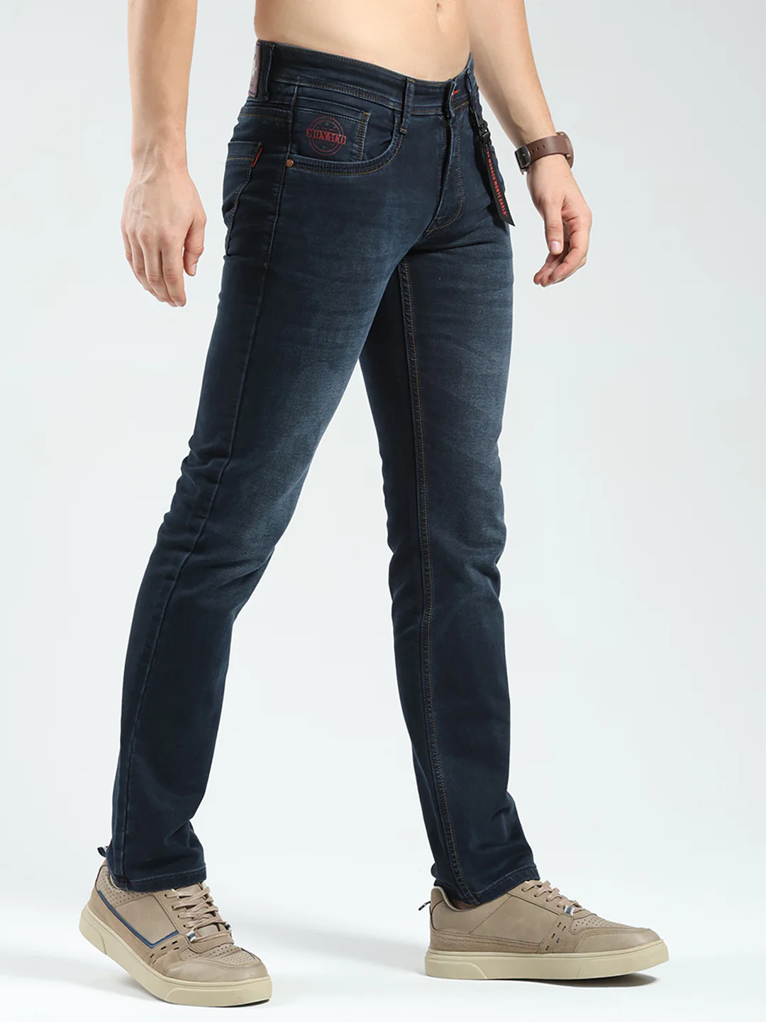 Men Blue Solid Narrow Fit Denim - Image 4
