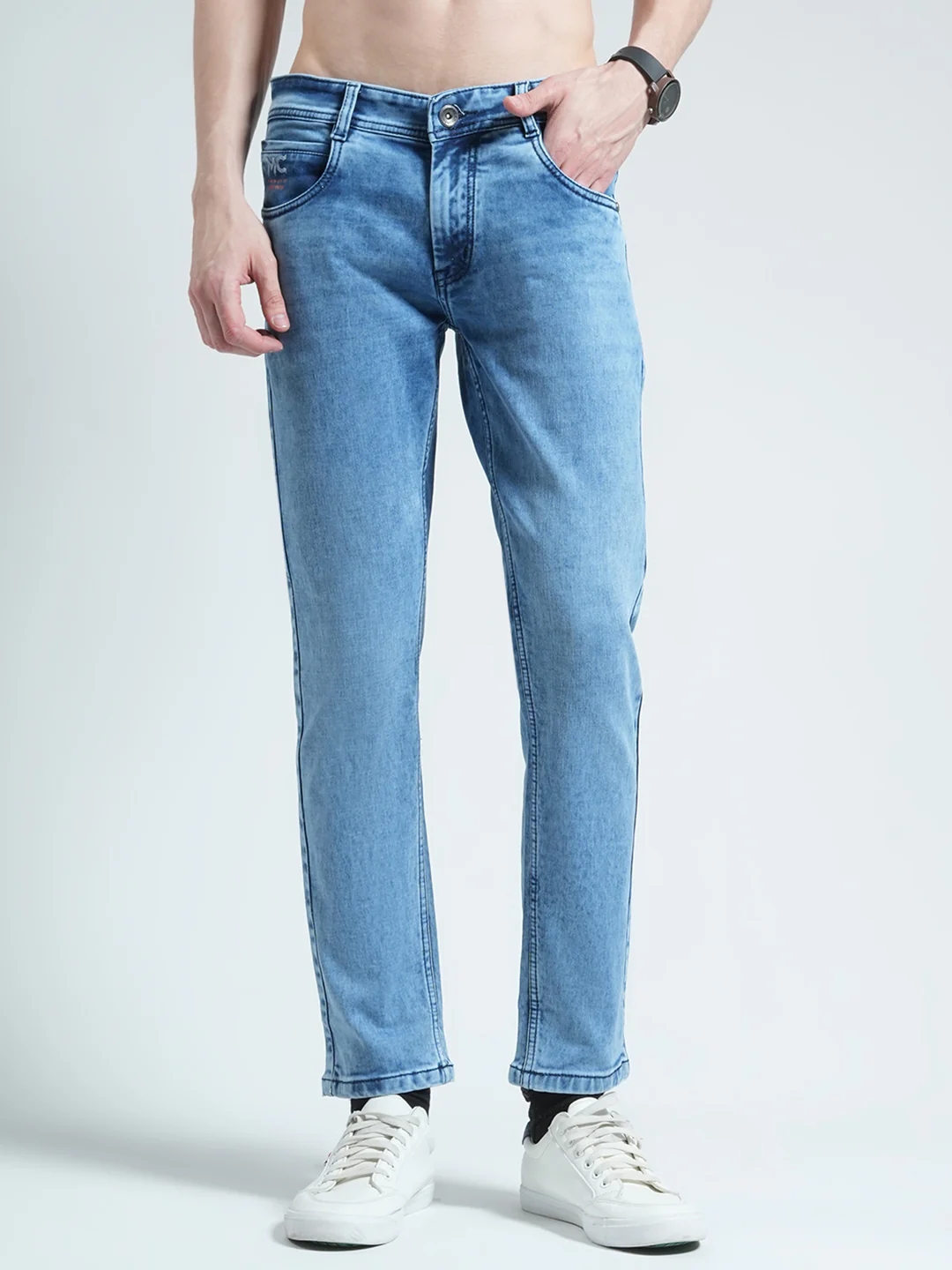 Men Blue Solid Ankle Length Denim