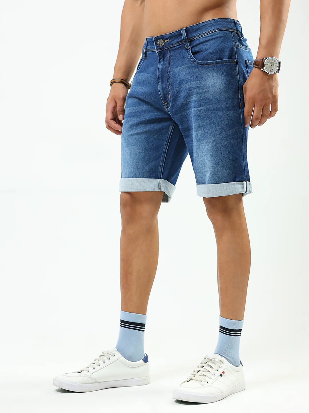 Men Blue Solid Regular Fit Shorts - Image 3
