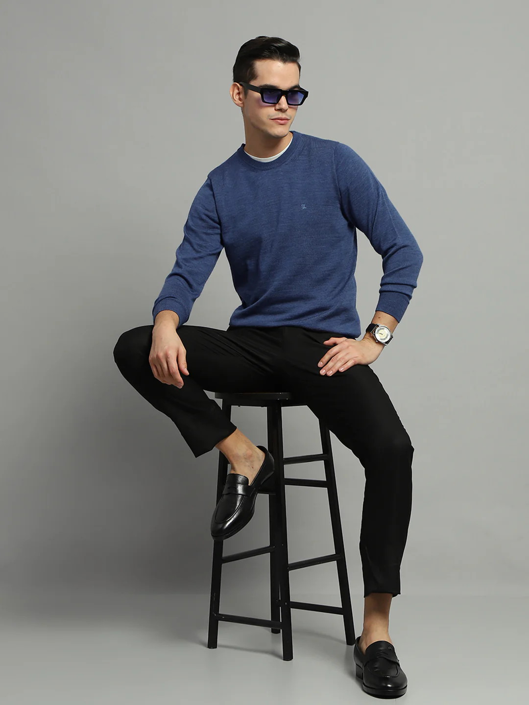 Luxuria Men Blue Solid Round Neck Full Sleeve Pullover - Image 2
