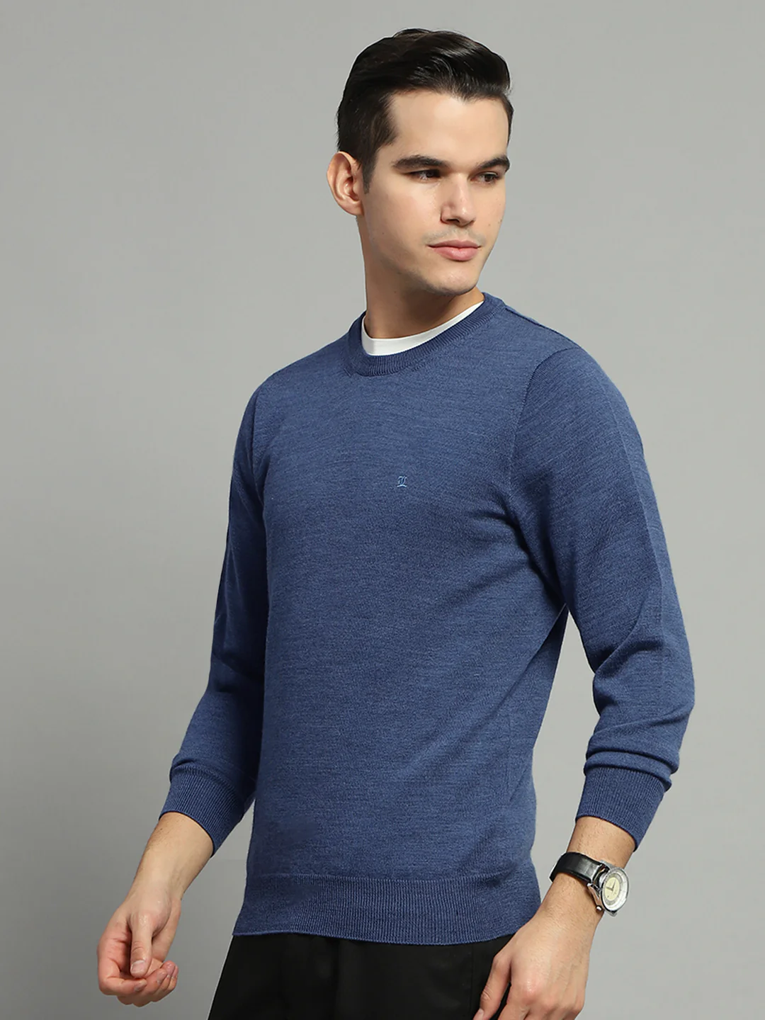 Luxuria Men Blue Solid Round Neck Full Sleeve Pullover - Image 3