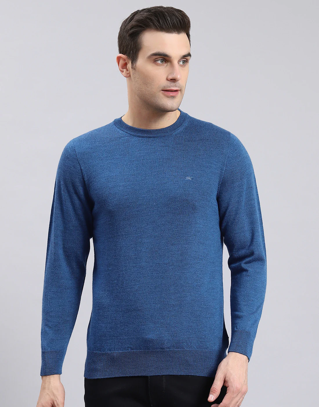 Men Blue Solid Round Neck Full Sleeve Pullover - Image 2