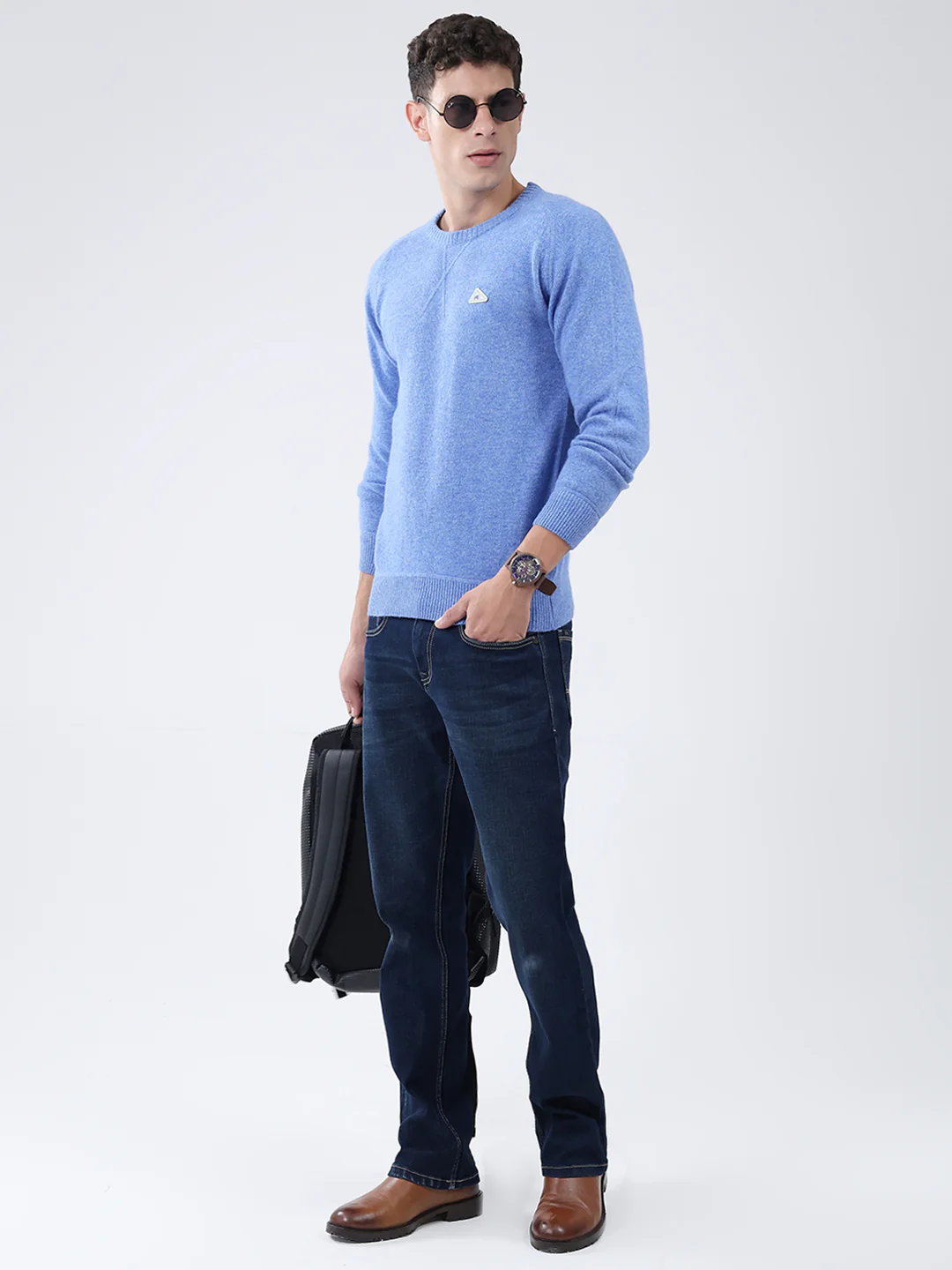 Men Blue Solid Round Neck Full Sleeve Pullover - Image 2