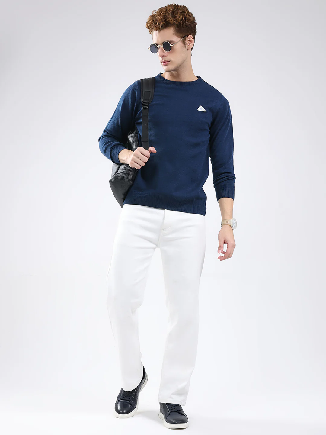 Men Blue Solid Round Neck Full Sleeve Pullover - Image 2