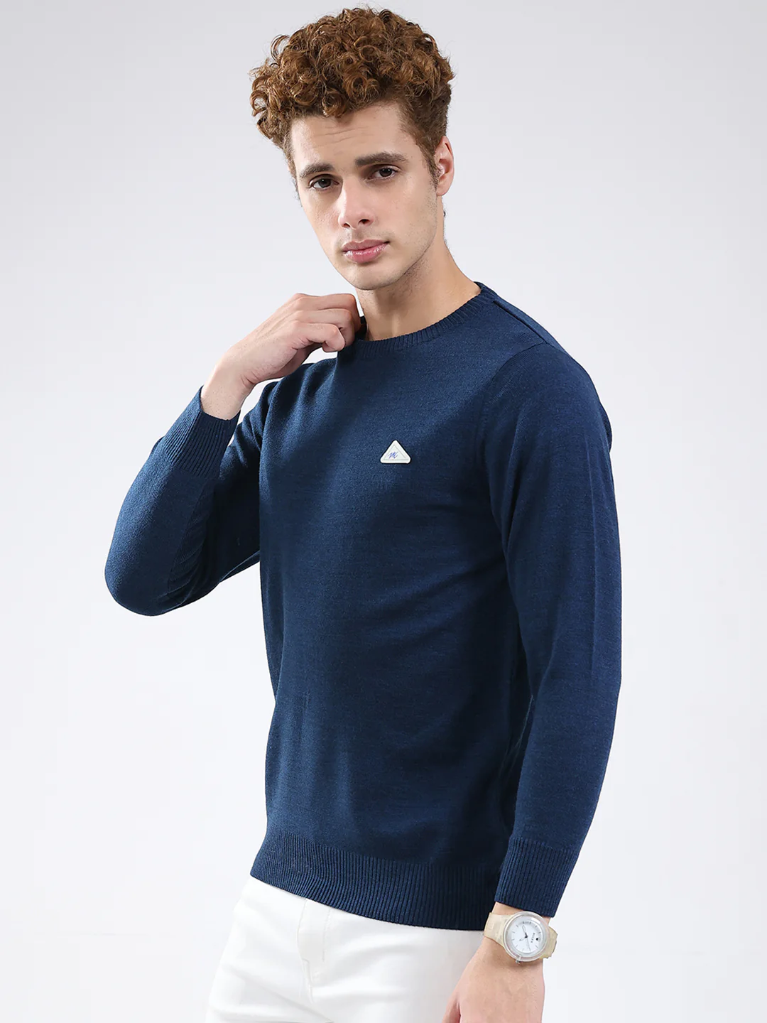 Men Blue Solid Round Neck Full Sleeve Pullover - Image 3