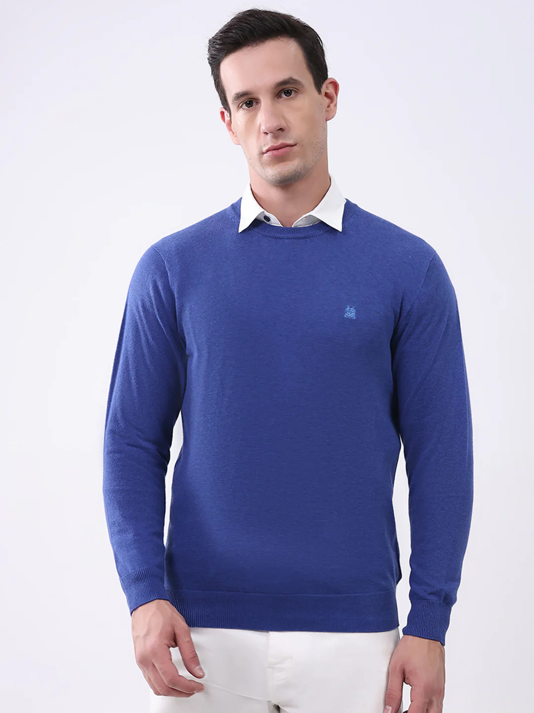 Men Blue Solid Round Neck Full Sleeve Pullover
