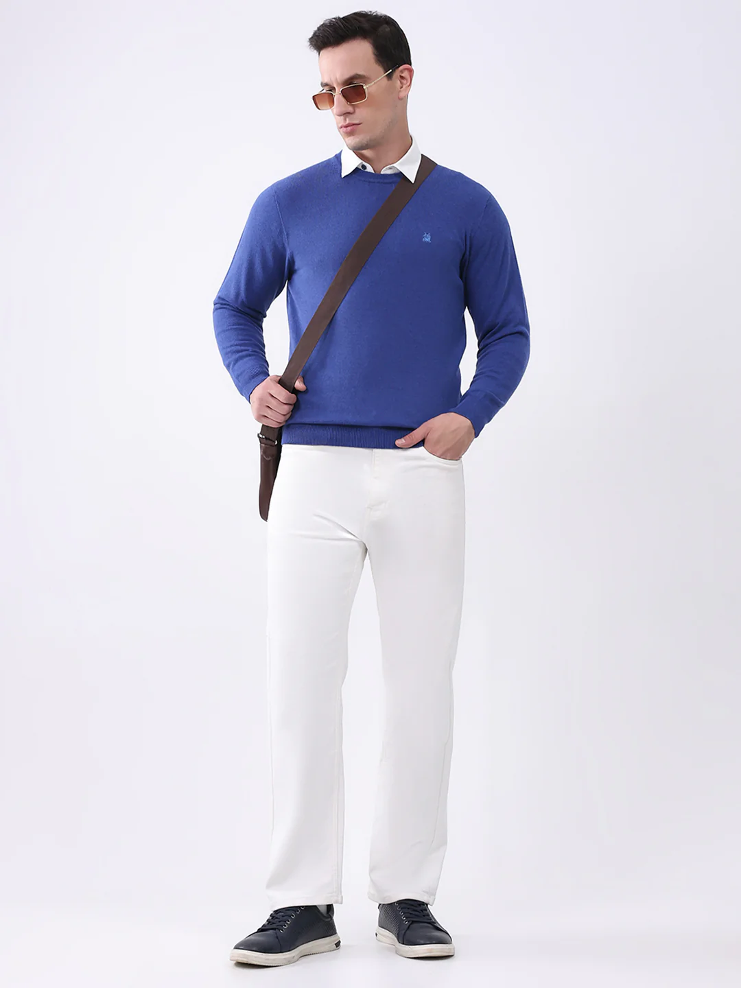 Men Blue Solid Round Neck Full Sleeve Pullover - Image 2
