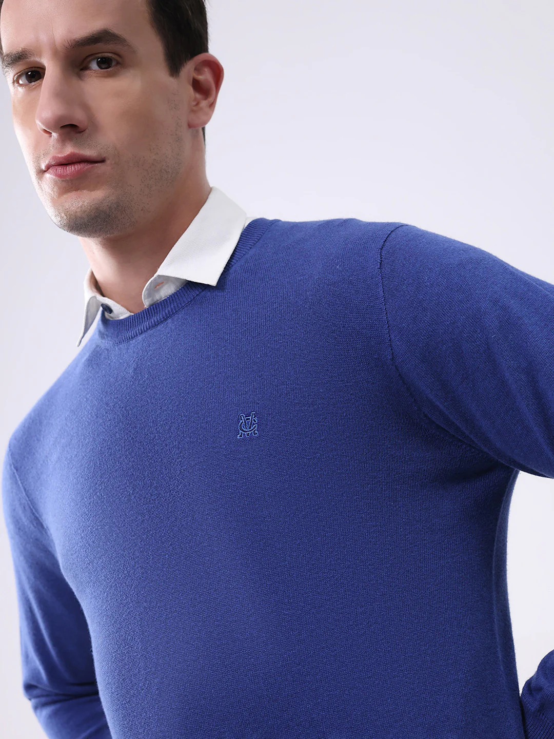 Men Blue Solid Round Neck Full Sleeve Pullover - Image 6