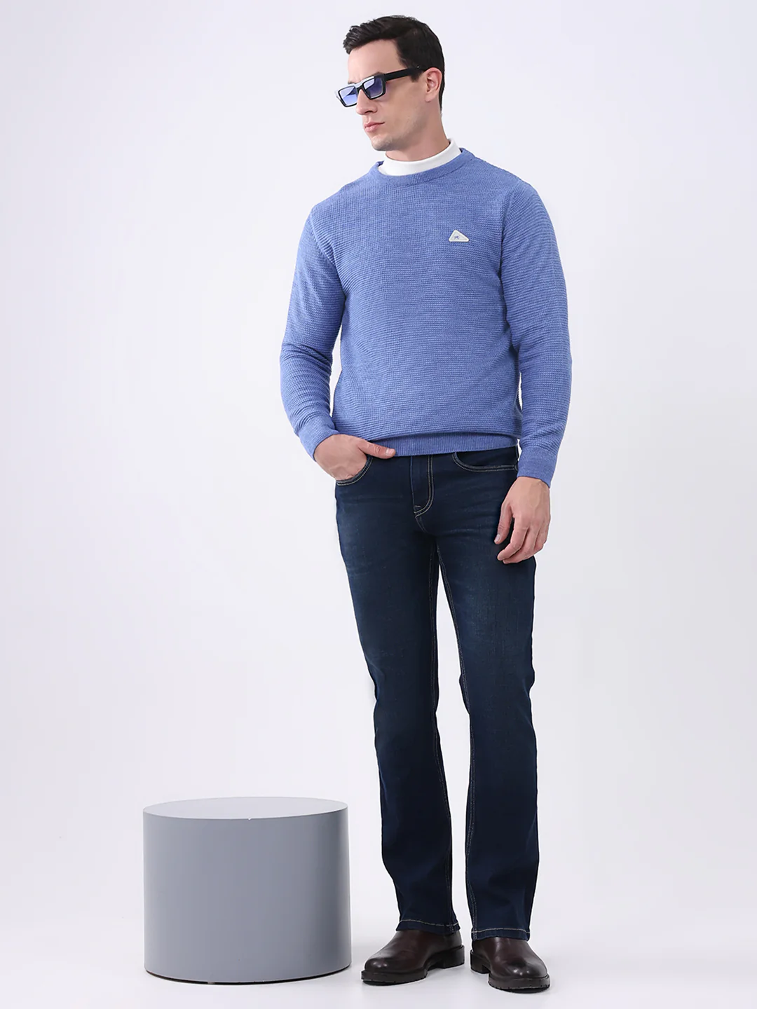 Men Blue Solid Round Neck Full Sleeve Pullover - Image 2