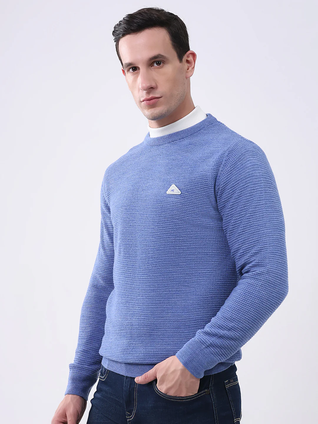 Men Blue Solid Round Neck Full Sleeve Pullover - Image 3
