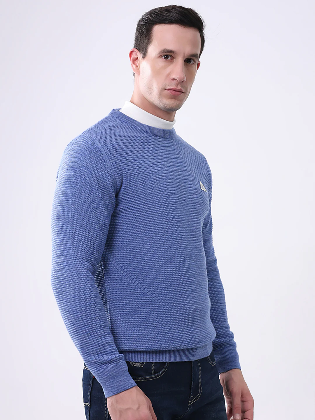 Men Blue Solid Round Neck Full Sleeve Pullover - Image 4
