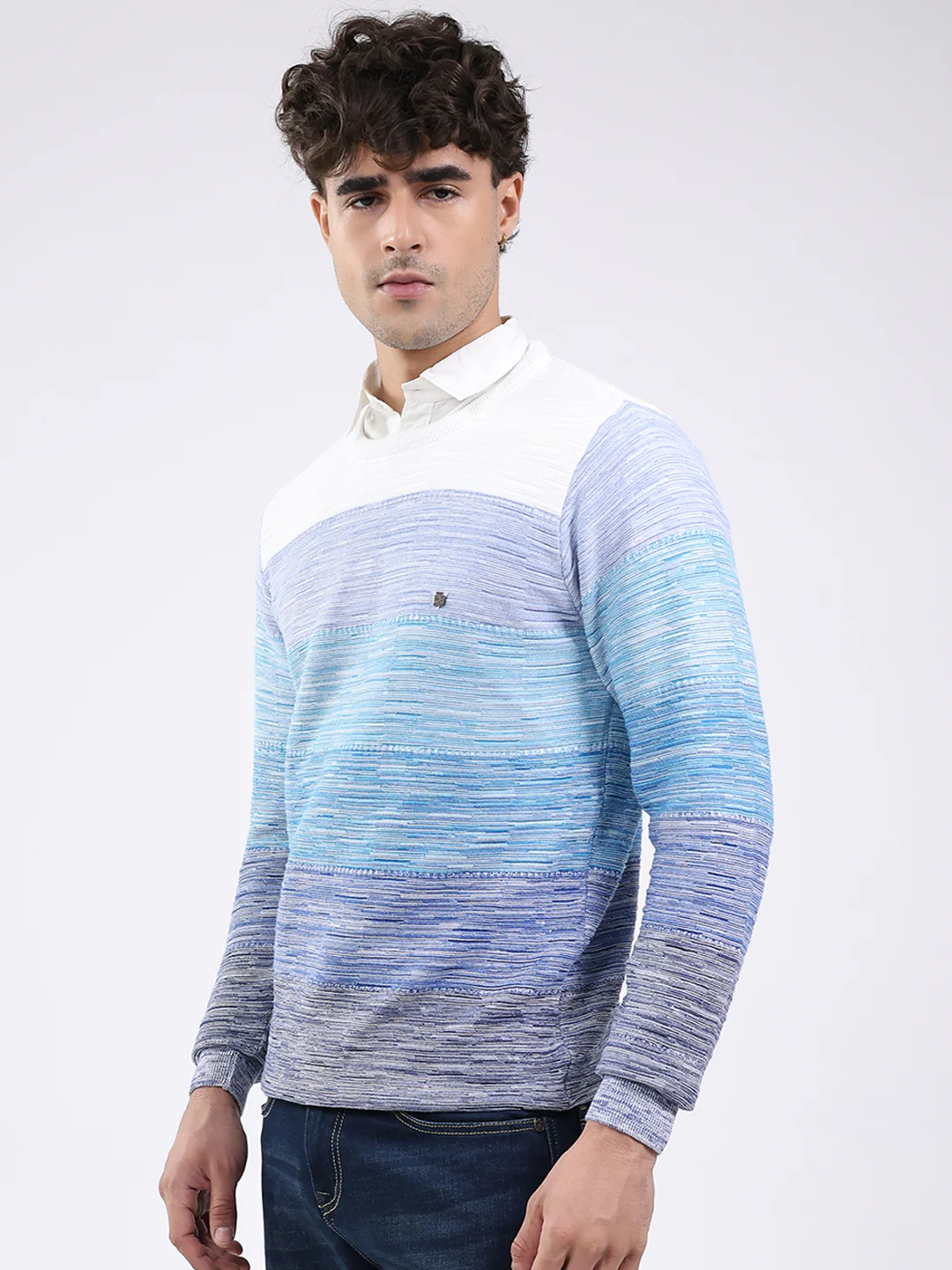 Men Blue Solid Round Neck Full Sleeve Pullover - Image 3