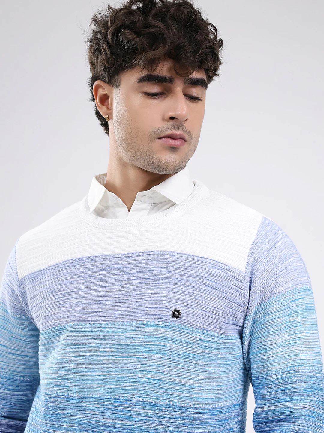 Men Blue Solid Round Neck Full Sleeve Pullover - Image 6