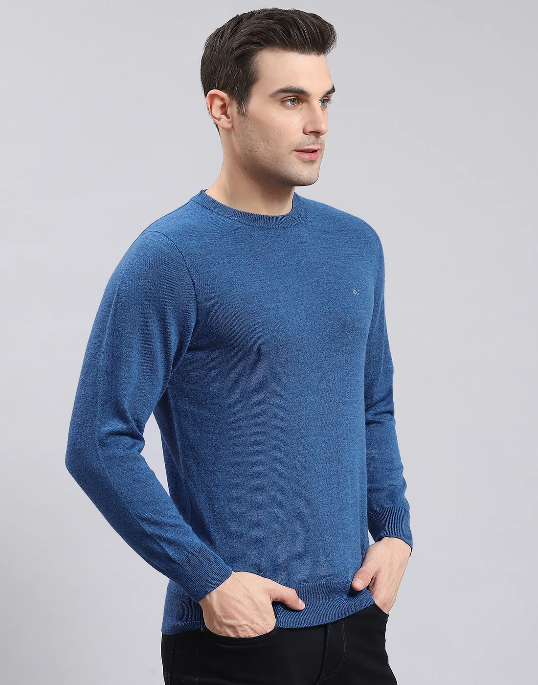 Men Blue Solid Round Neck Full Sleeve Sweater - Image 4