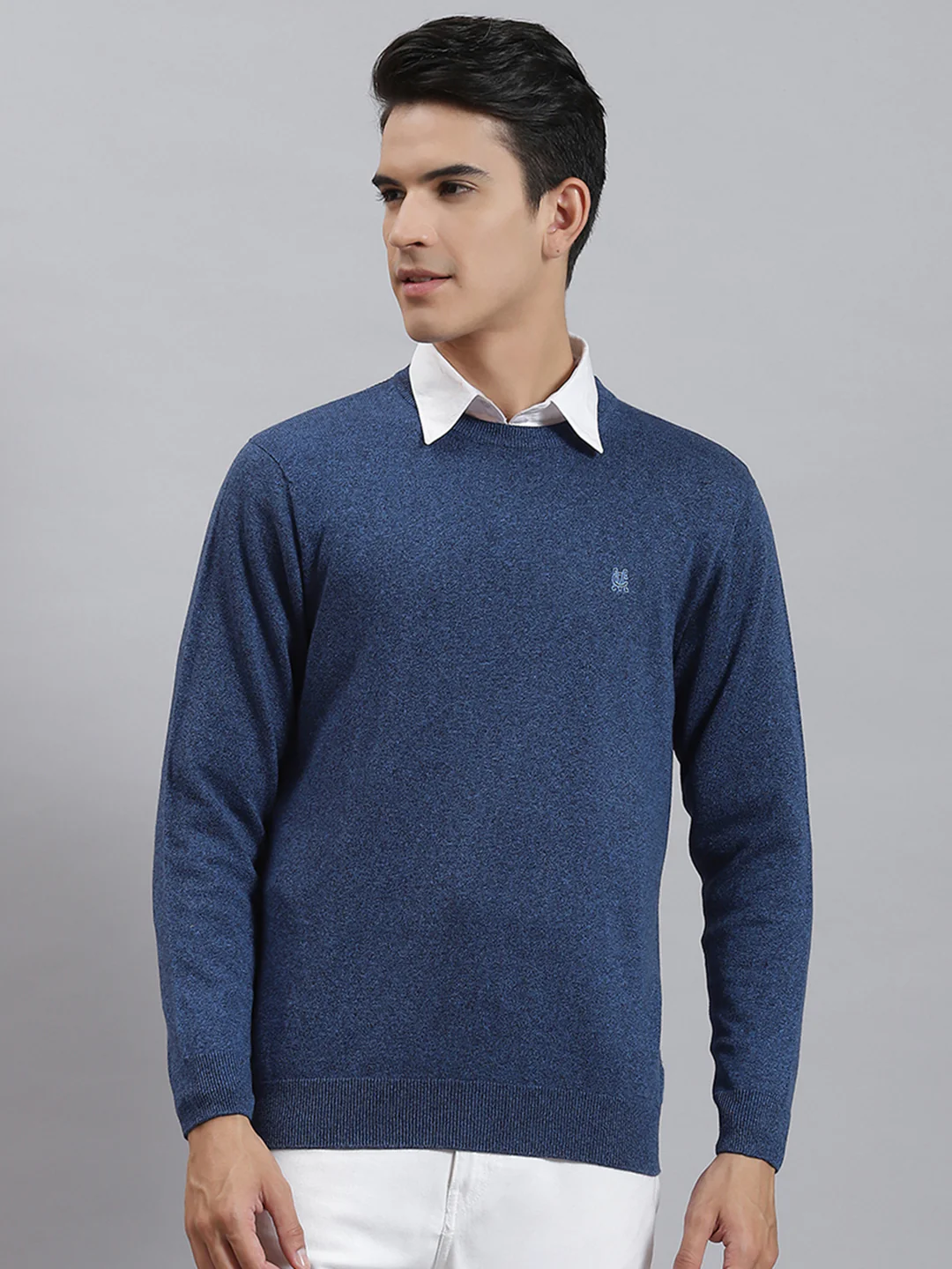Men Blue Solid Round Neck Full Sleeve Sweaters/Pullovers - Image 2
