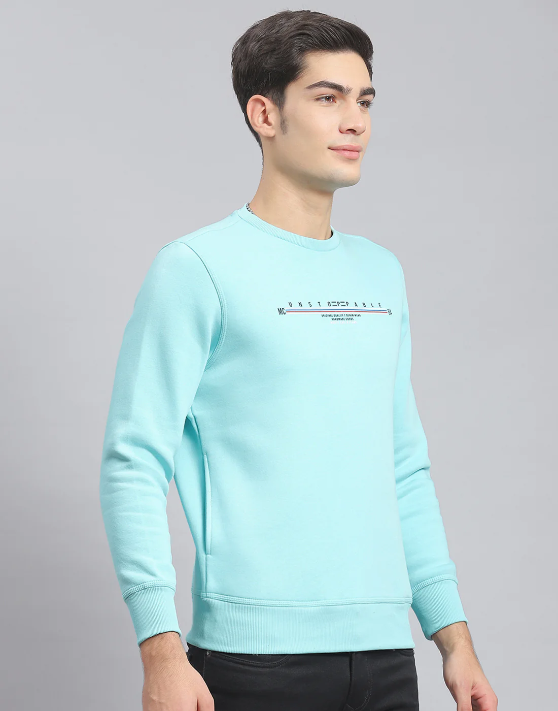 Men Blue Solid Round Neck Full Sleeve Sweatshirt - Image 4