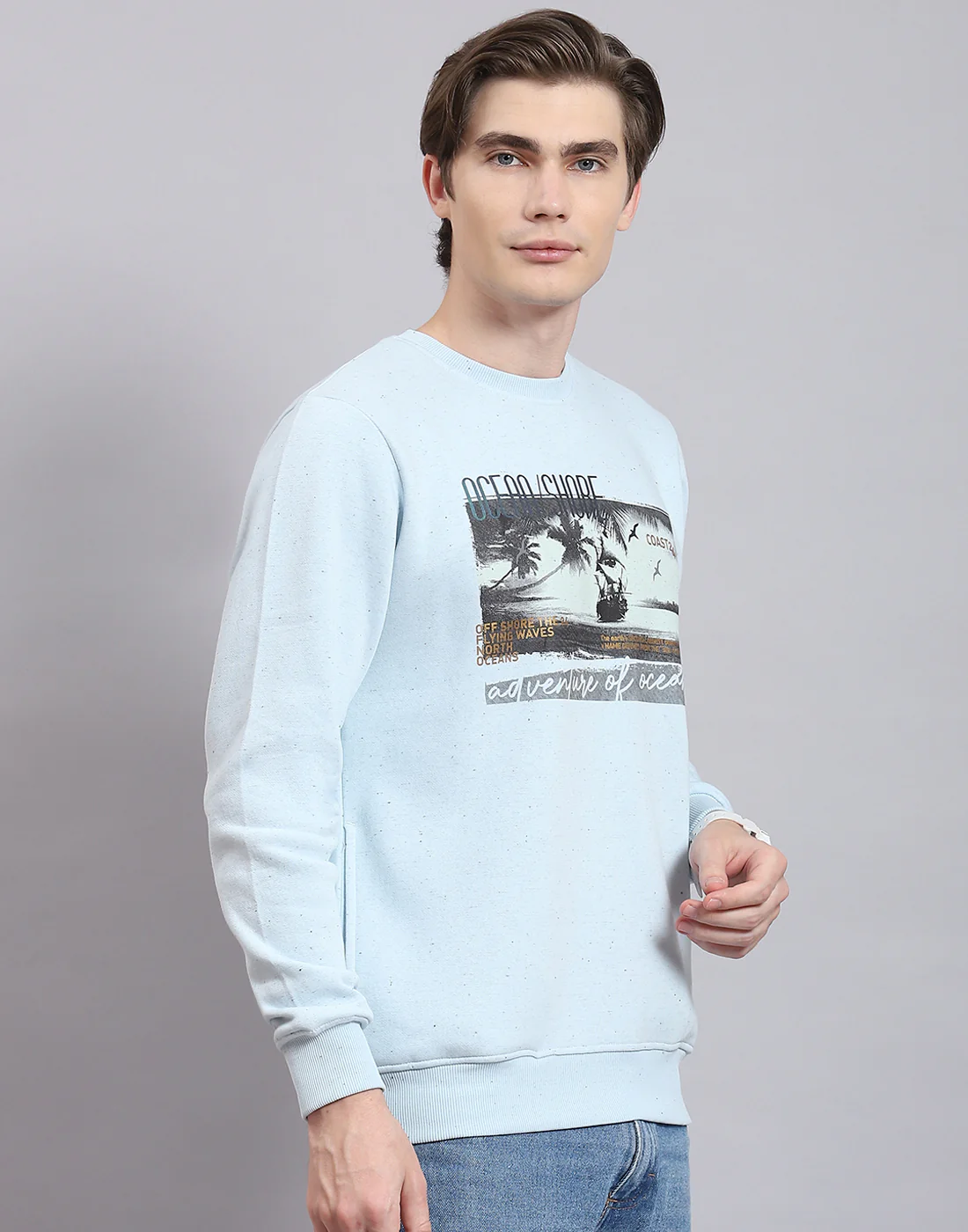 Men Blue Solid Round Neck Full Sleeve Sweatshirt - Image 4