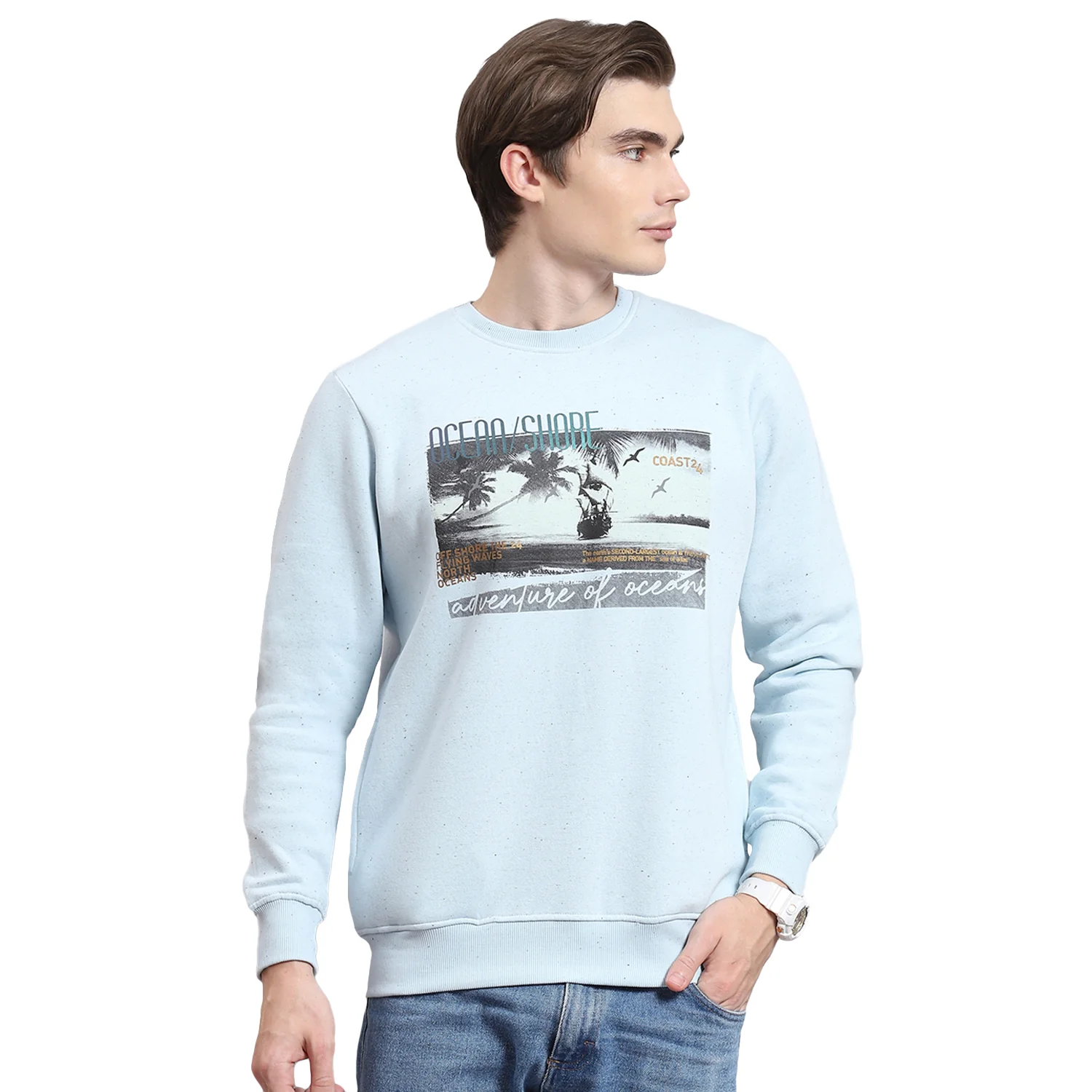 Men Blue Solid Round Neck Full Sleeve Sweatshirt - Image 5