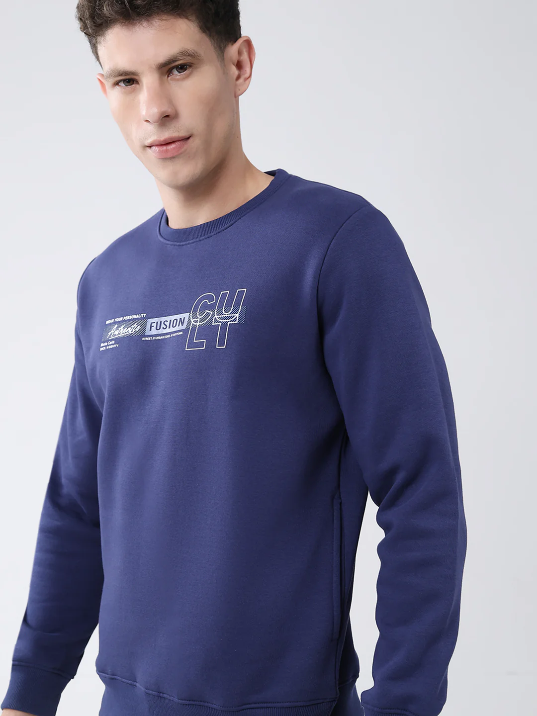 Men Blue Solid Round Neck Full Sleeve Sweatshirt - Image 6