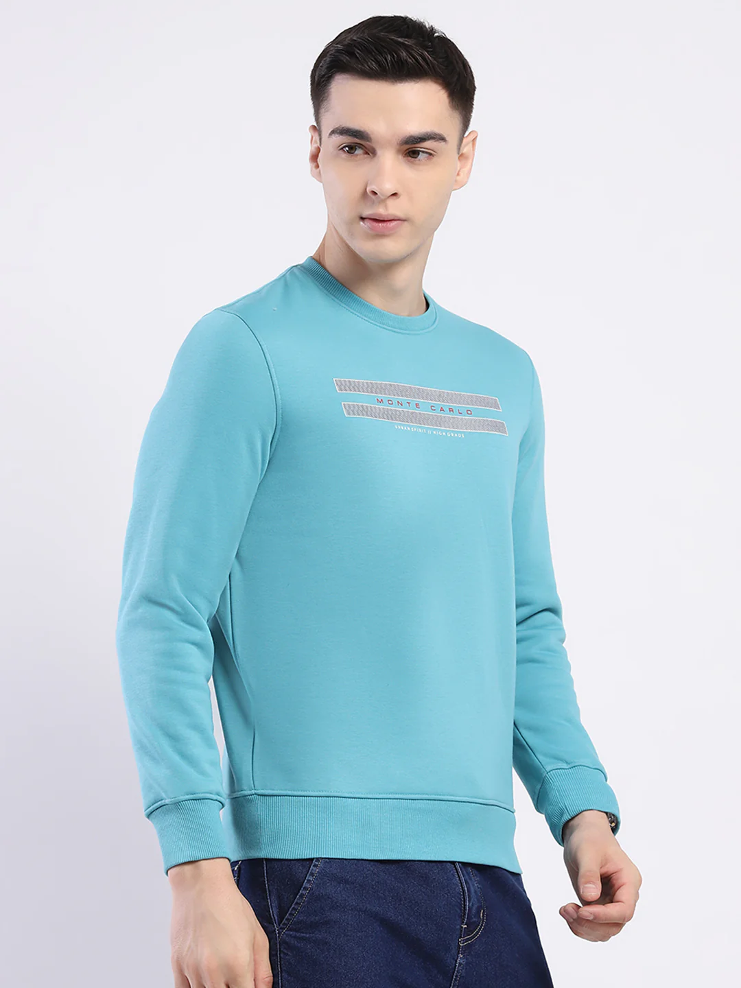 Men Blue Solid Round Neck Full Sleeve Sweatshirt - Image 4