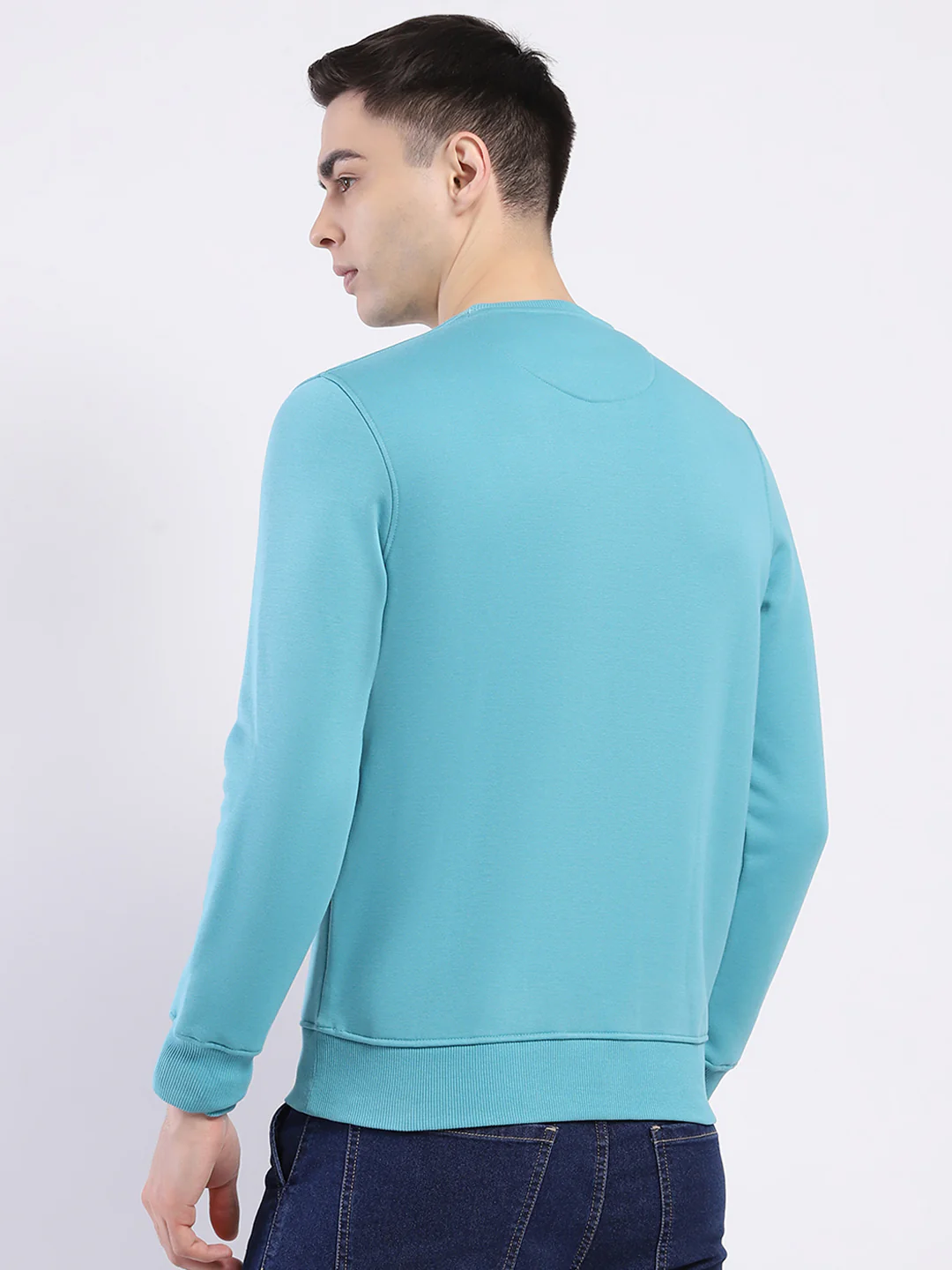 Men Blue Solid Round Neck Full Sleeve Sweatshirt - Image 5