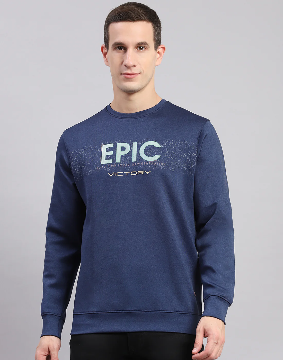 Men Blue Solid Round Neck Full Sleeve Sweatshirts - Image 2