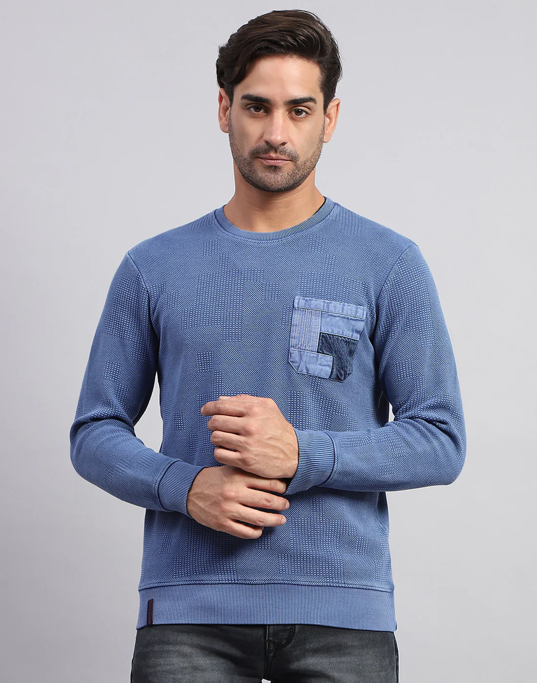 Men Blue Solid Round Neck Full Sleeve Winter T-Shirt - Image 2