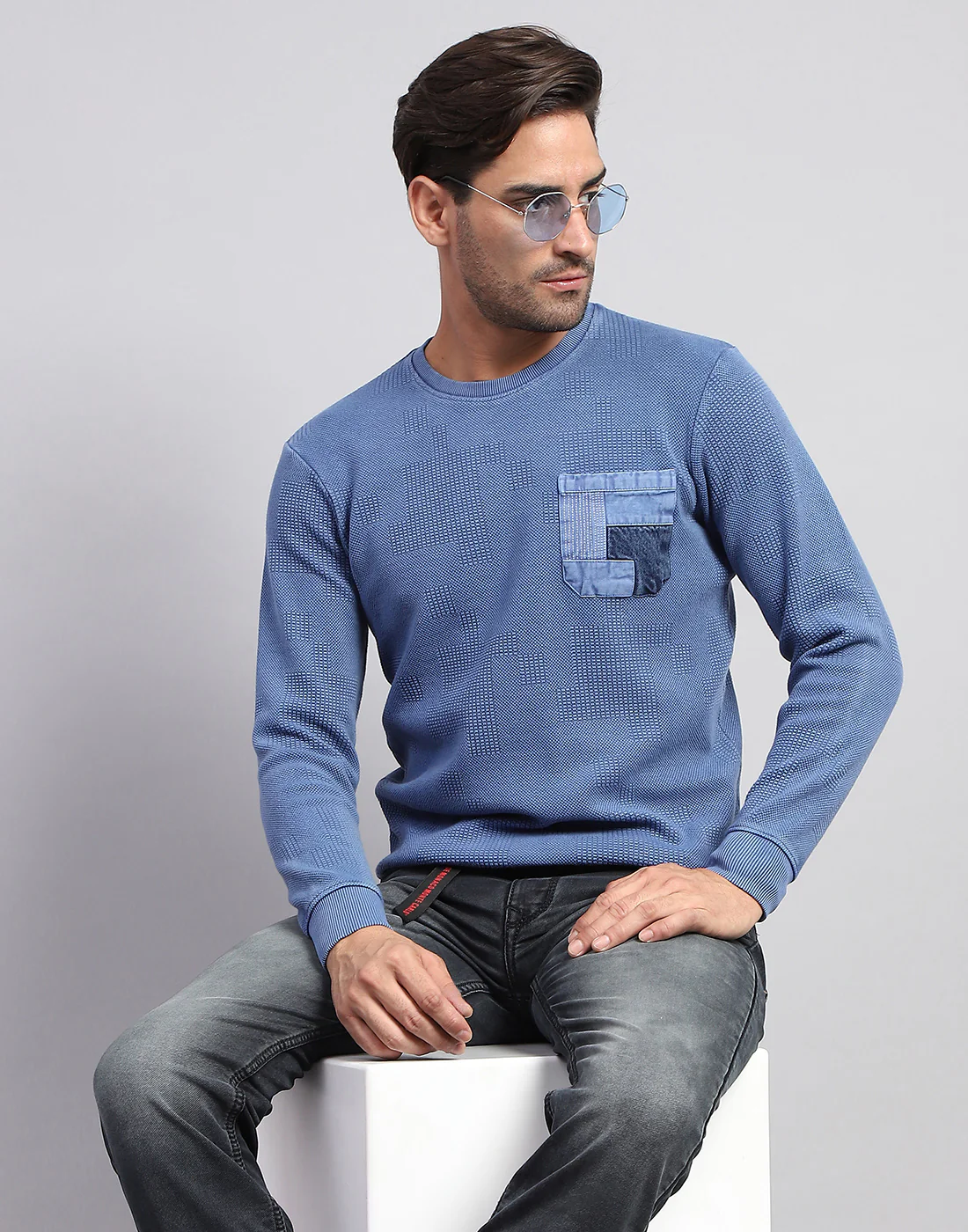 Men Blue Solid Round Neck Full Sleeve Winter T-Shirt - Image 6
