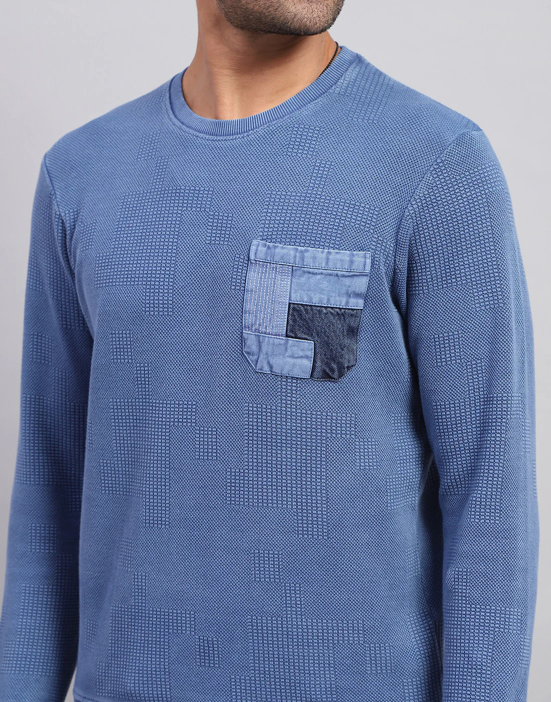 Men Blue Solid Round Neck Full Sleeve Winter T-Shirt - Image 7