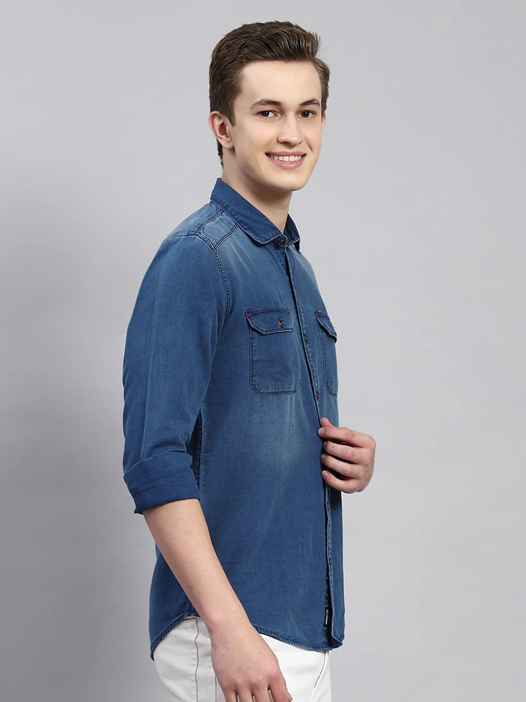 Men Blue Solid Shirt - Image 4