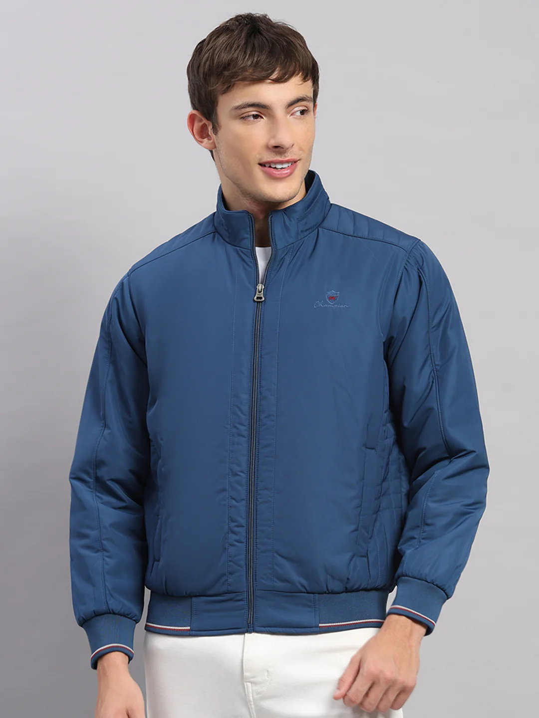 Men Blue Solid Stand Collar Full Sleeve Jacket