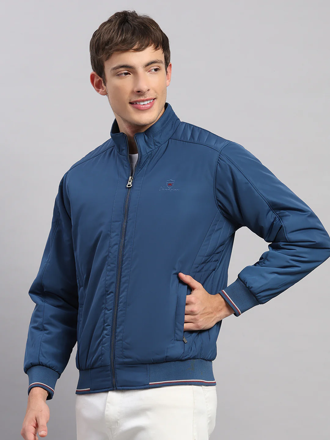 Men Blue Solid Stand Collar Full Sleeve Jacket - Image 3