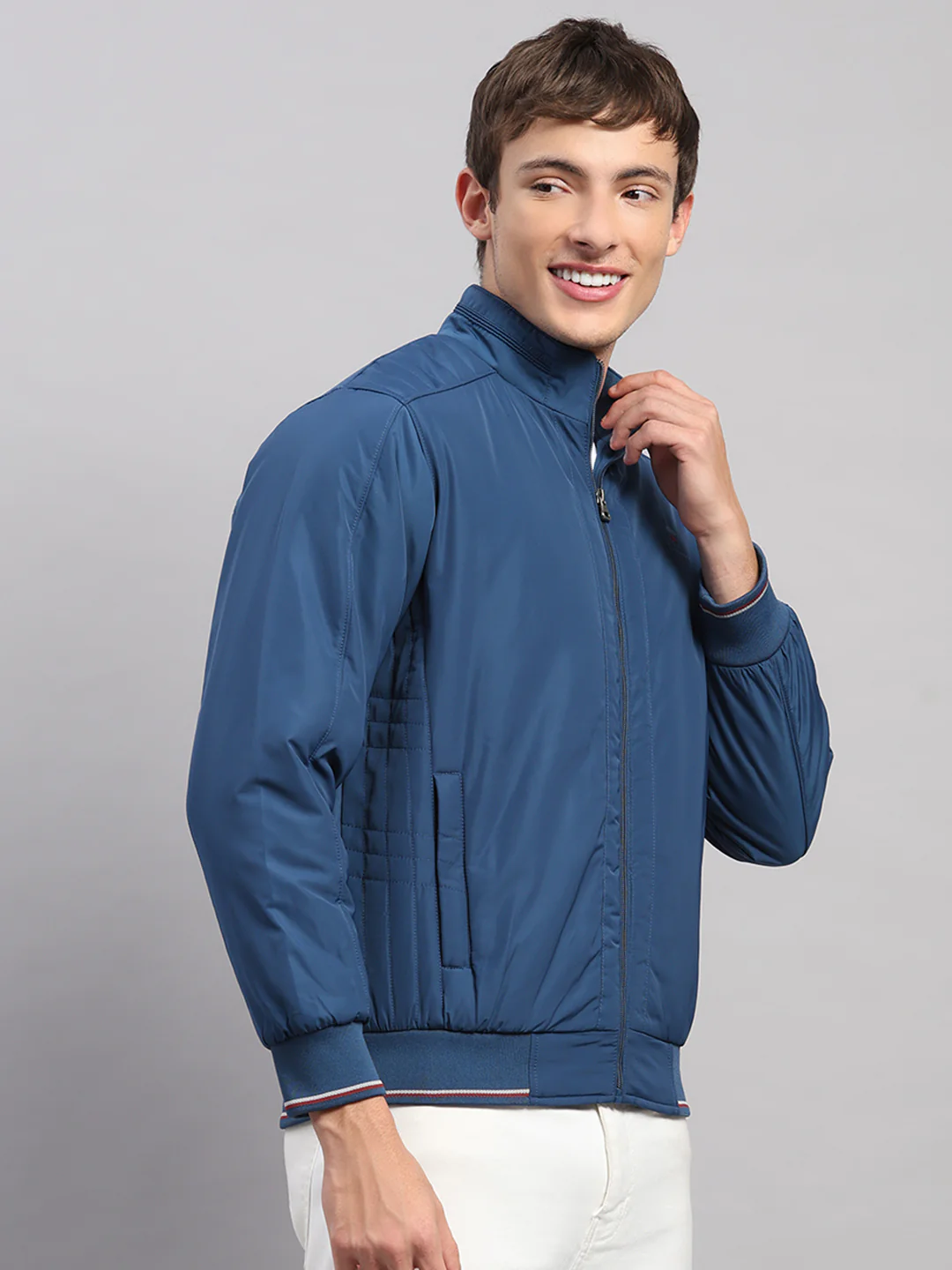 Men Blue Solid Stand Collar Full Sleeve Jacket - Image 4