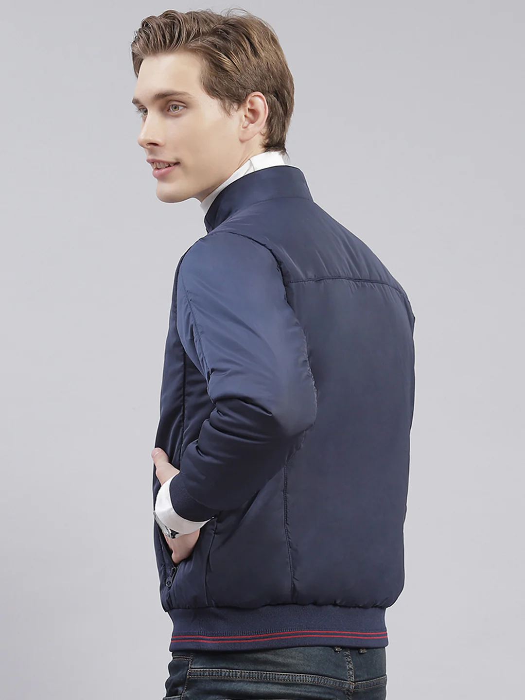 Men Blue Solid Stand Collar Full Sleeve Jackets - Image 3