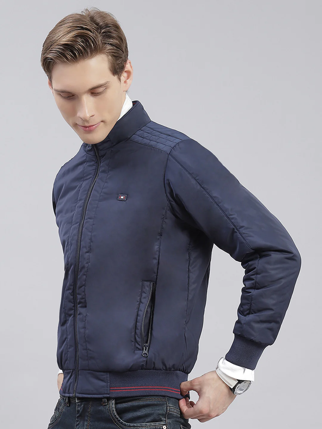 Men Blue Solid Stand Collar Full Sleeve Jackets - Image 5
