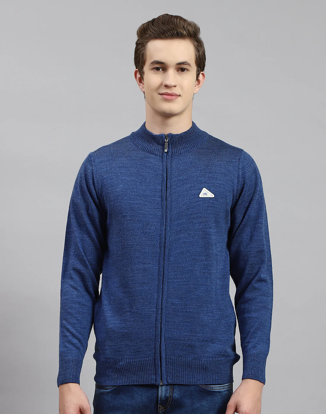 Men Blue Solid Stand Collar Full Sleeve Pullover - Image 3