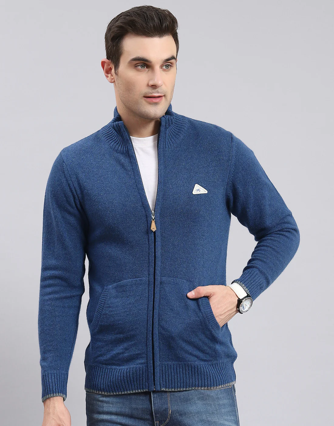 Men Blue Solid Stand Collar Full Sleeve Sweater - Image 2