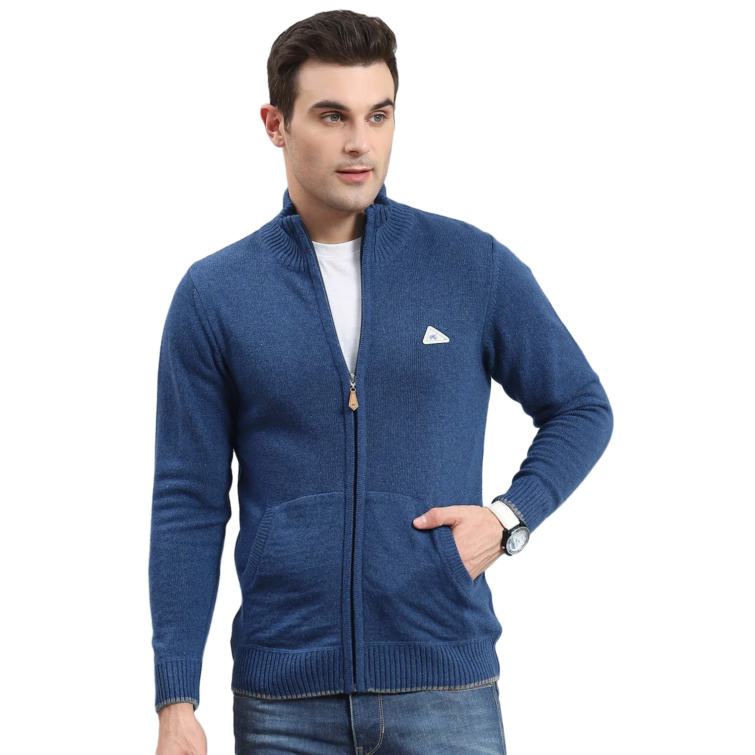 Men Blue Solid Stand Collar Full Sleeve Sweater - Image 5