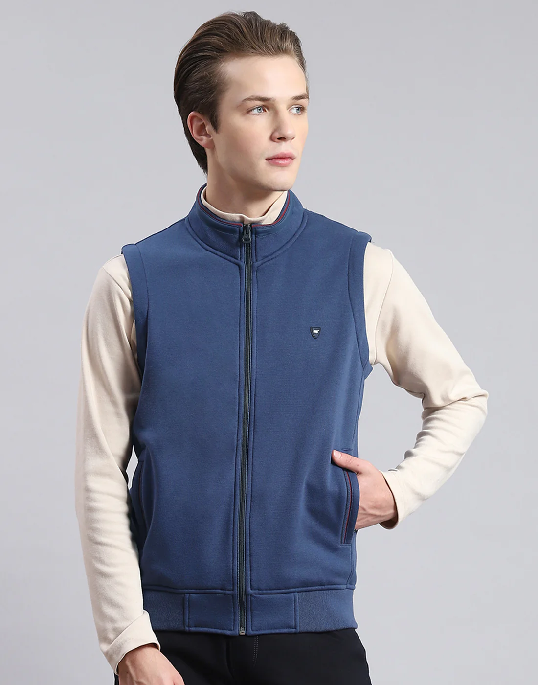 Men Blue Solid Stand Collar Sleeveless Sweatshirt - Image 2