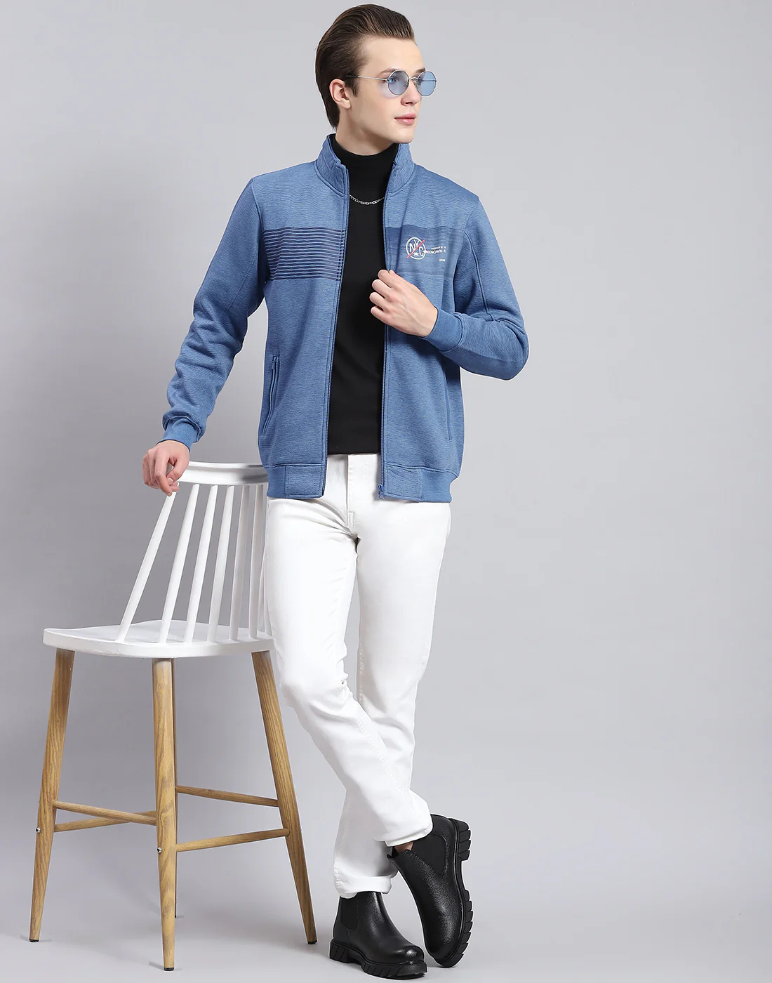 Men Blue Solid Stand Collar Full Sleeve Sweatshirt - Image 2