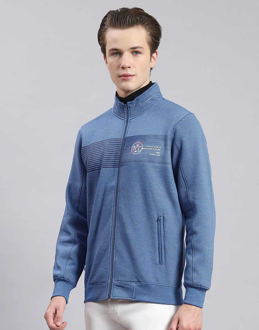 Men Blue Solid Stand Collar Full Sleeve Sweatshirt - Image 3