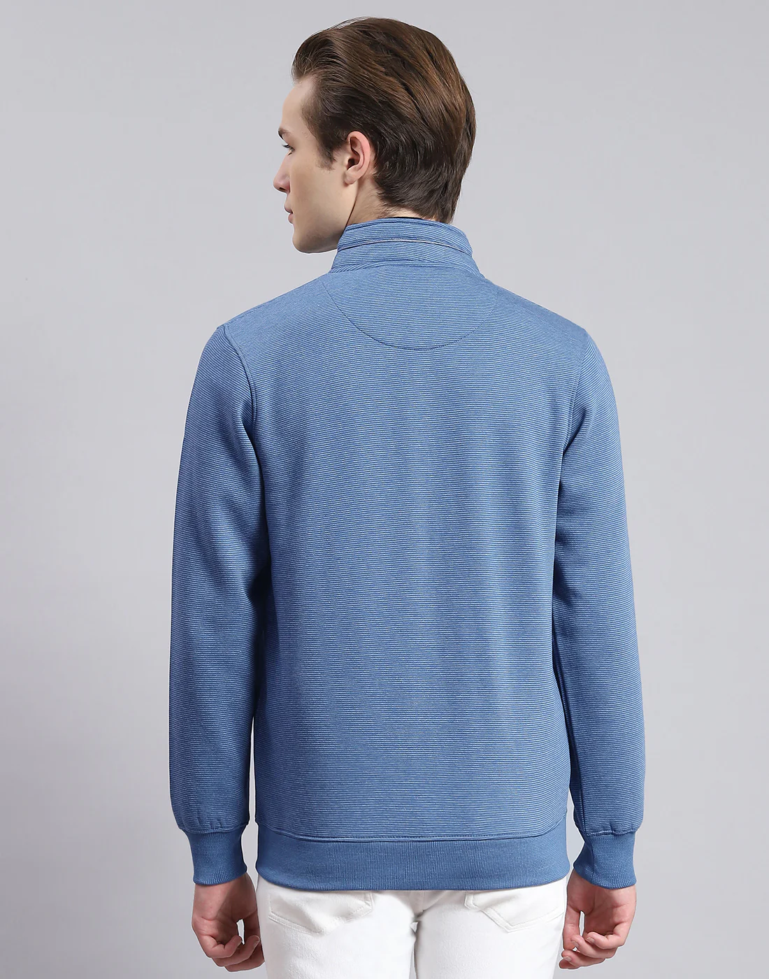 Men Blue Solid Stand Collar Full Sleeve Sweatshirt - Image 5