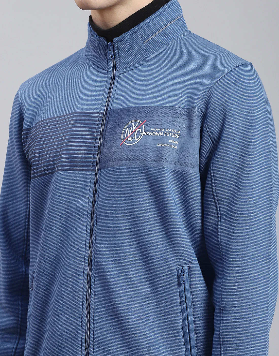 Men Blue Solid Stand Collar Full Sleeve Sweatshirt - Image 6