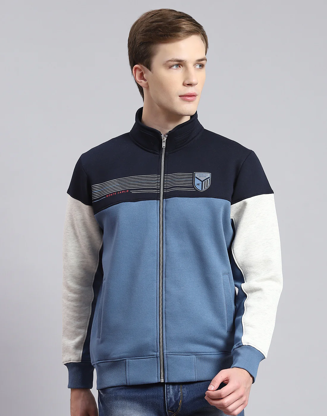 Men Blue Solid Stand Collar Full Sleeve Sweatshirt - Image 2